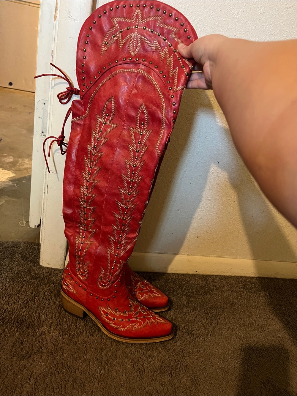 Red Embroidered Over-the-Knee Western Boots - Women's